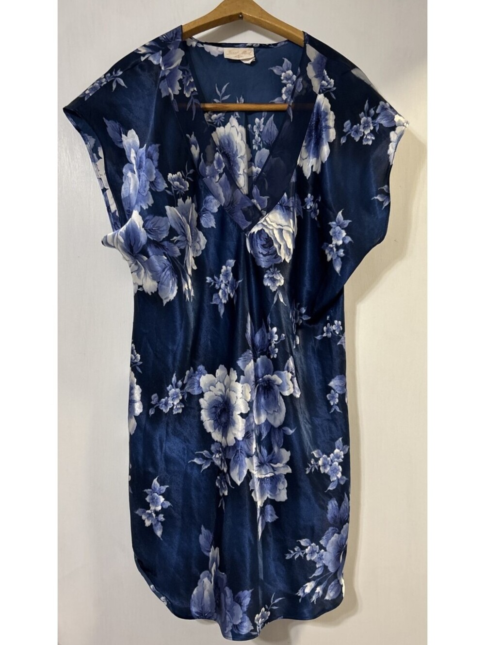 Vintage Inner Most Blue Floral "Satiny" Short Nightgown - Women's Size L